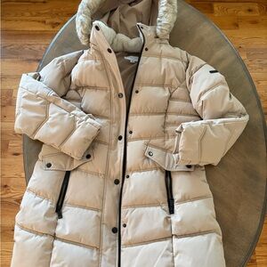 Laundry By Shelli Segal Tan Puffer Jacket with Faux Fur Hood